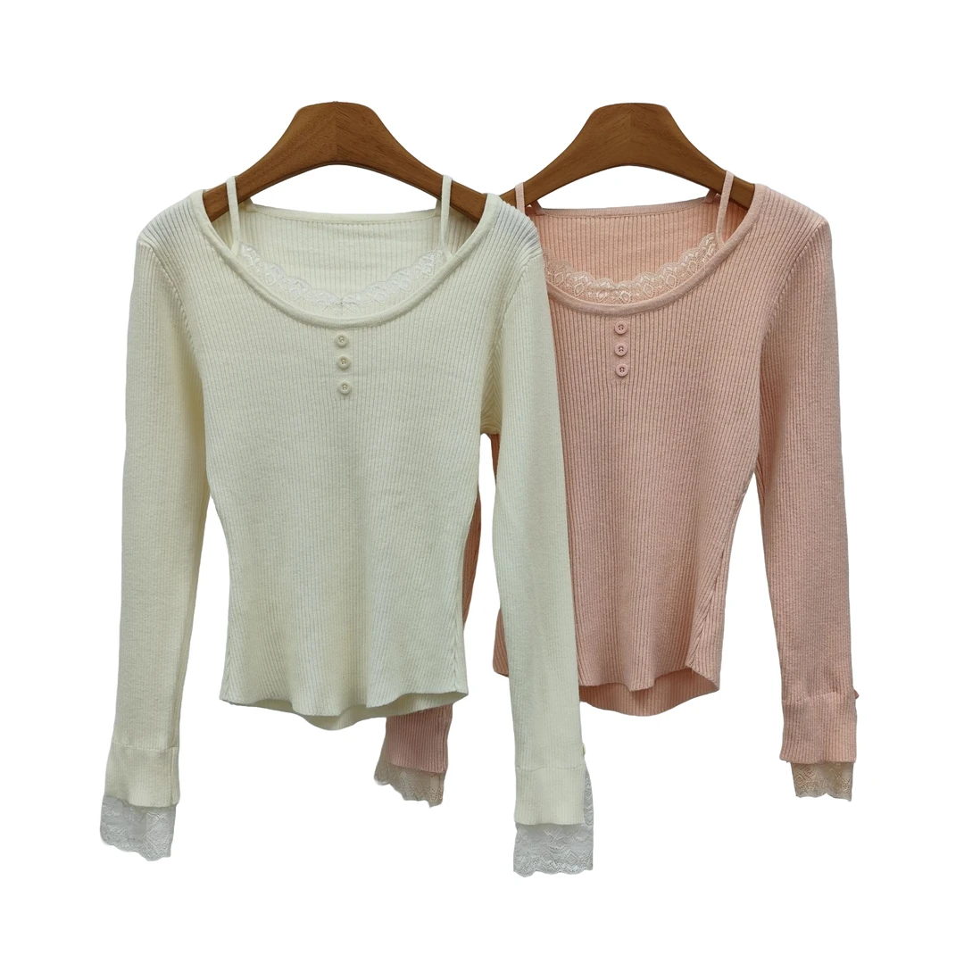 YITONG/倚桐2024冬季蕾丝拼接长袖针织毛衣显瘦上衣潮（M4C33074）