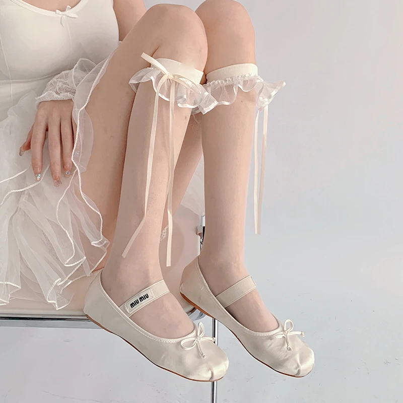 Socks said  蕾丝花边蝴蝶结袜子甜美少女飘带丝袜夏季薄款小腿袜