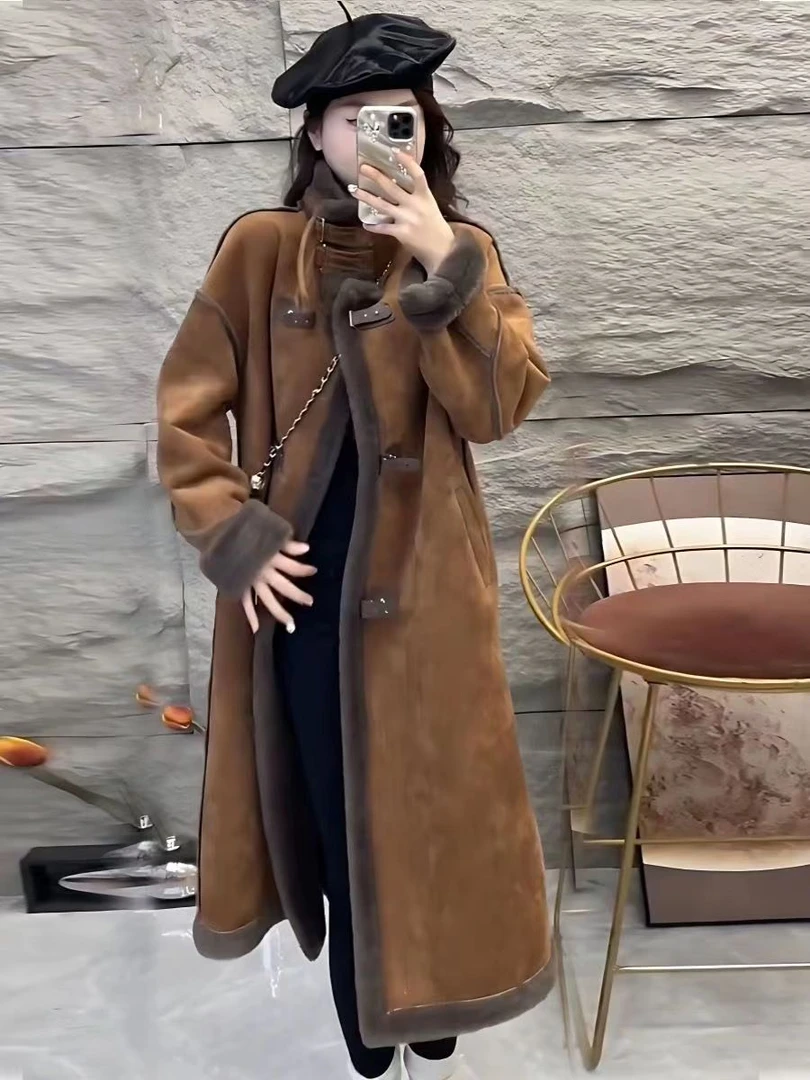 贝米哈现货冬新款皮毛一体麂皮绒短款机车服秋冬厚外套百搭气质长