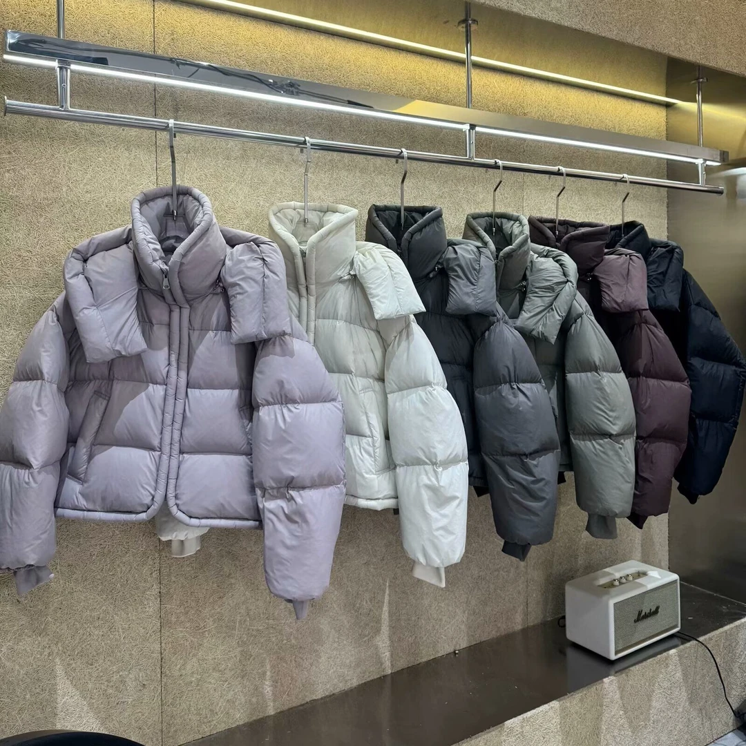 韩版立领可拆卸帽连帽羽绒服女短款2024年新款保暖洋气白鸭绒外套