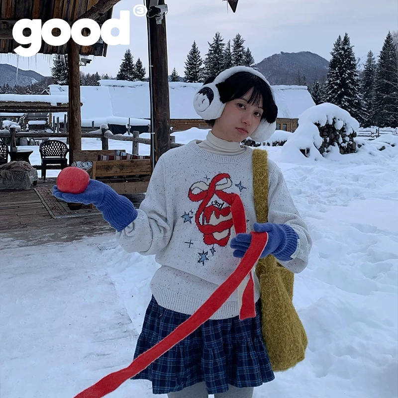 美好商店MeihaoStore苹果皮化身小围巾魔术苹果圆领套头毛衣