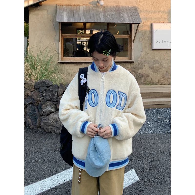 美好商店纯色GOOD贴布绣仿羊羔毛棒球服夹棉夹克