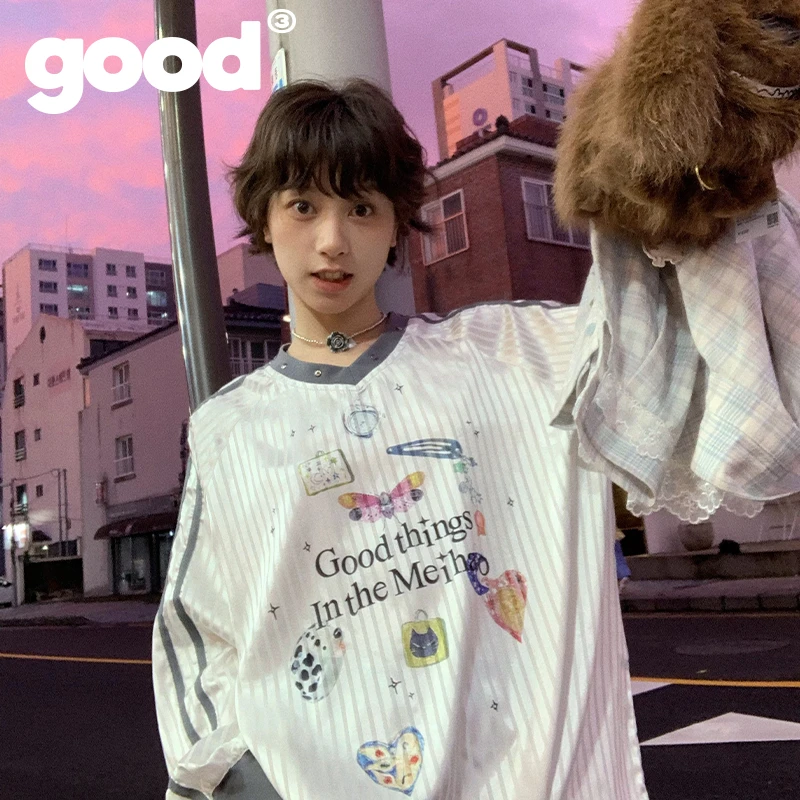 美好商店有趣图案印花Blokette运动女孩风V领球衣透气凉感短袖