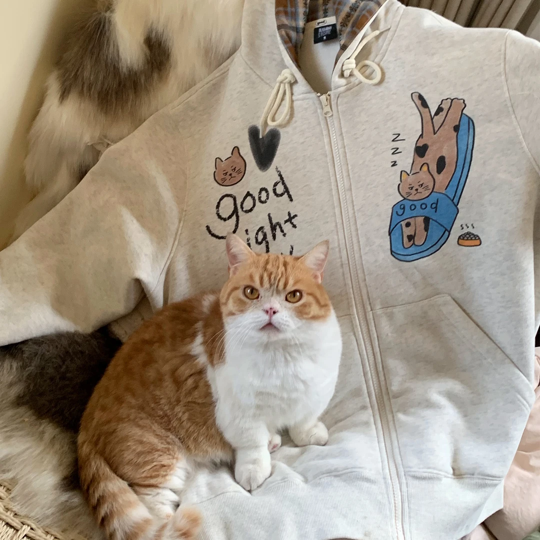 美好商店MeihaoStore爱钻拖鞋睡觉的懒惰猫猫连帽加绒开衫卫衣