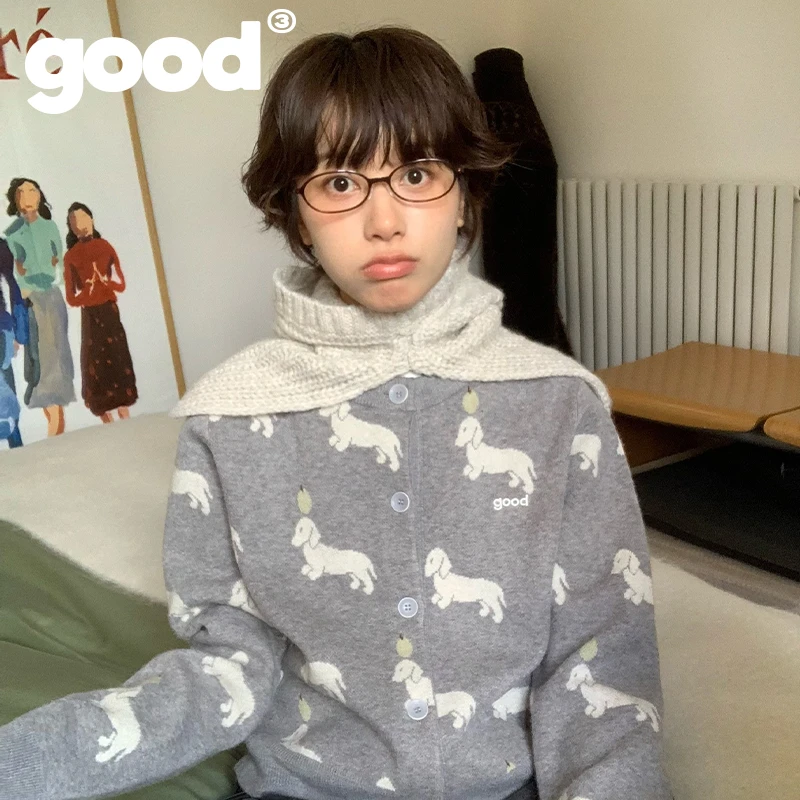 美好商店MeihaoStore鸭梨很大腊肠小狗基础圆领提花毛衣开衫
