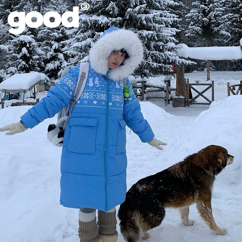 美好商店MeihaoStore 蓝白色first love雪花图腾长款毛领棉服