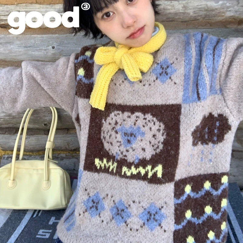 美好商店有趣小羊图案圆领毛衣