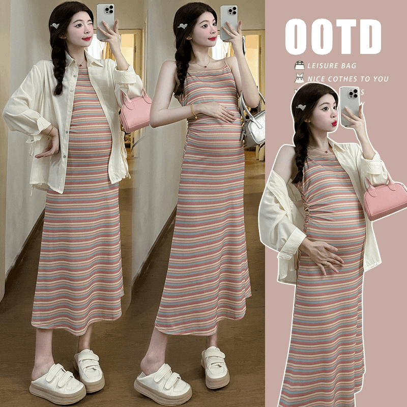 【小布吖】孕妇装夏季防嗮衬衣+条纹吊带连衣裙