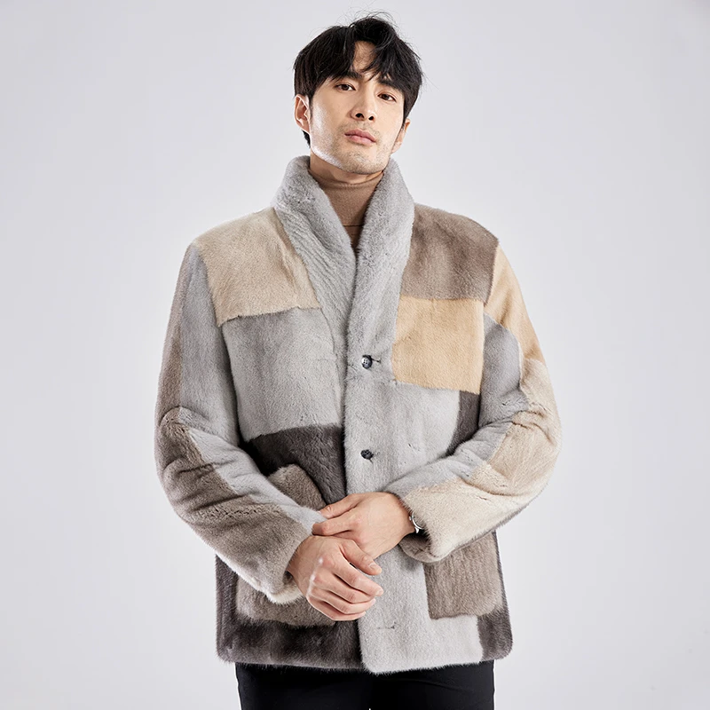 海宁进口水貂貂绒拼色时尚皮草貂皮大衣男22AI001冬季外套