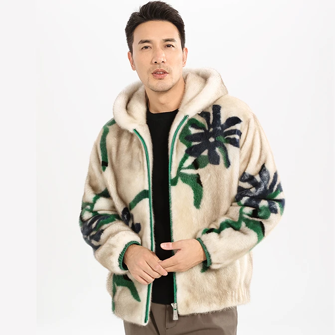 海宁进口貂皮大衣男士短款水貂连帽皮草外套23AI009