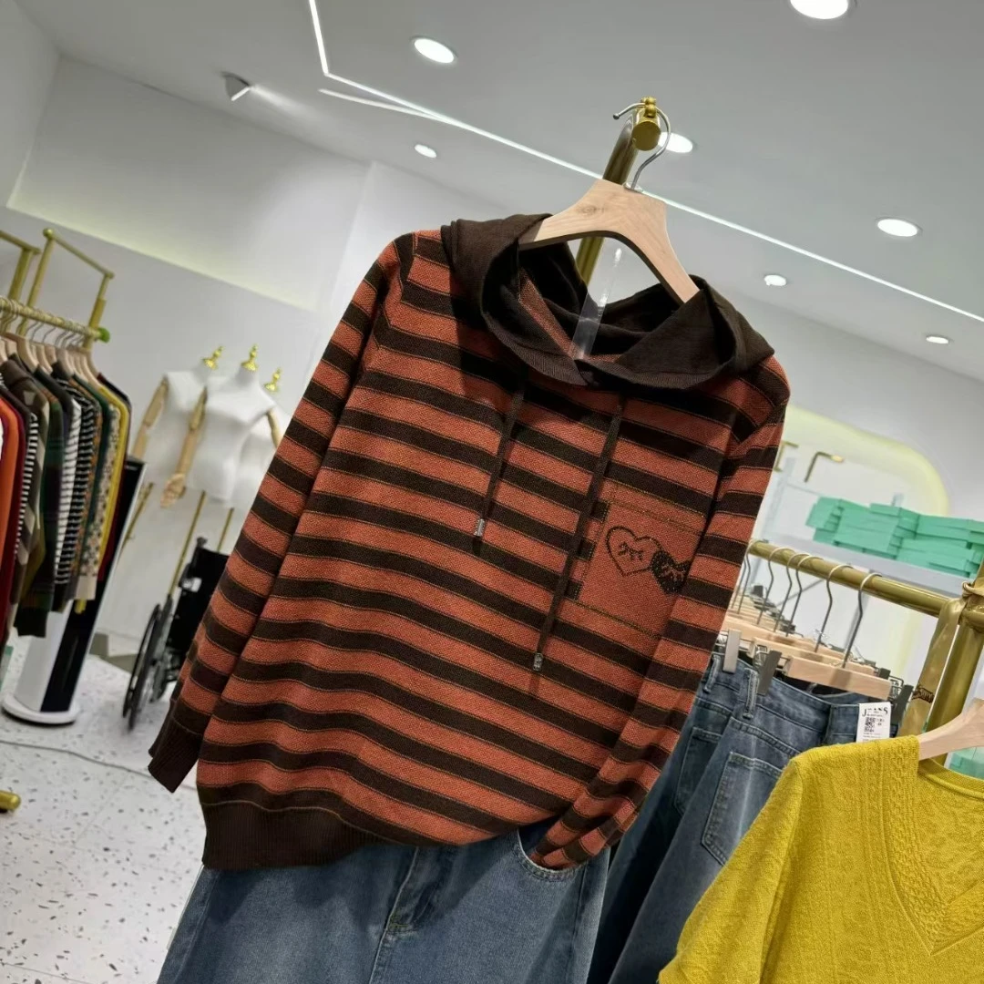 【橘色条纹烫钻帽衫】-时尚休闲百搭