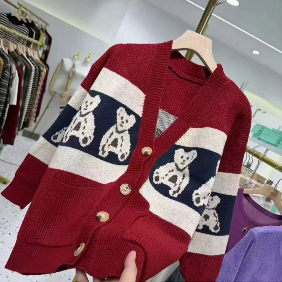 【红色小熊开衫】时尚百搭休闲针织衫