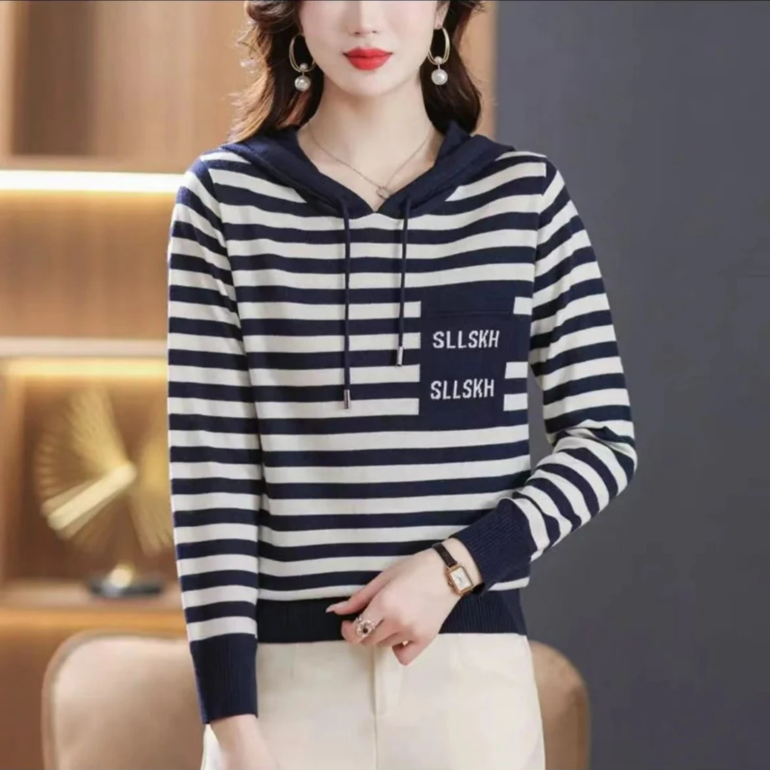【蓝条纹帽衫】秋季新款时尚百搭减龄显气质连帽宽松条纹显瘦帽衫