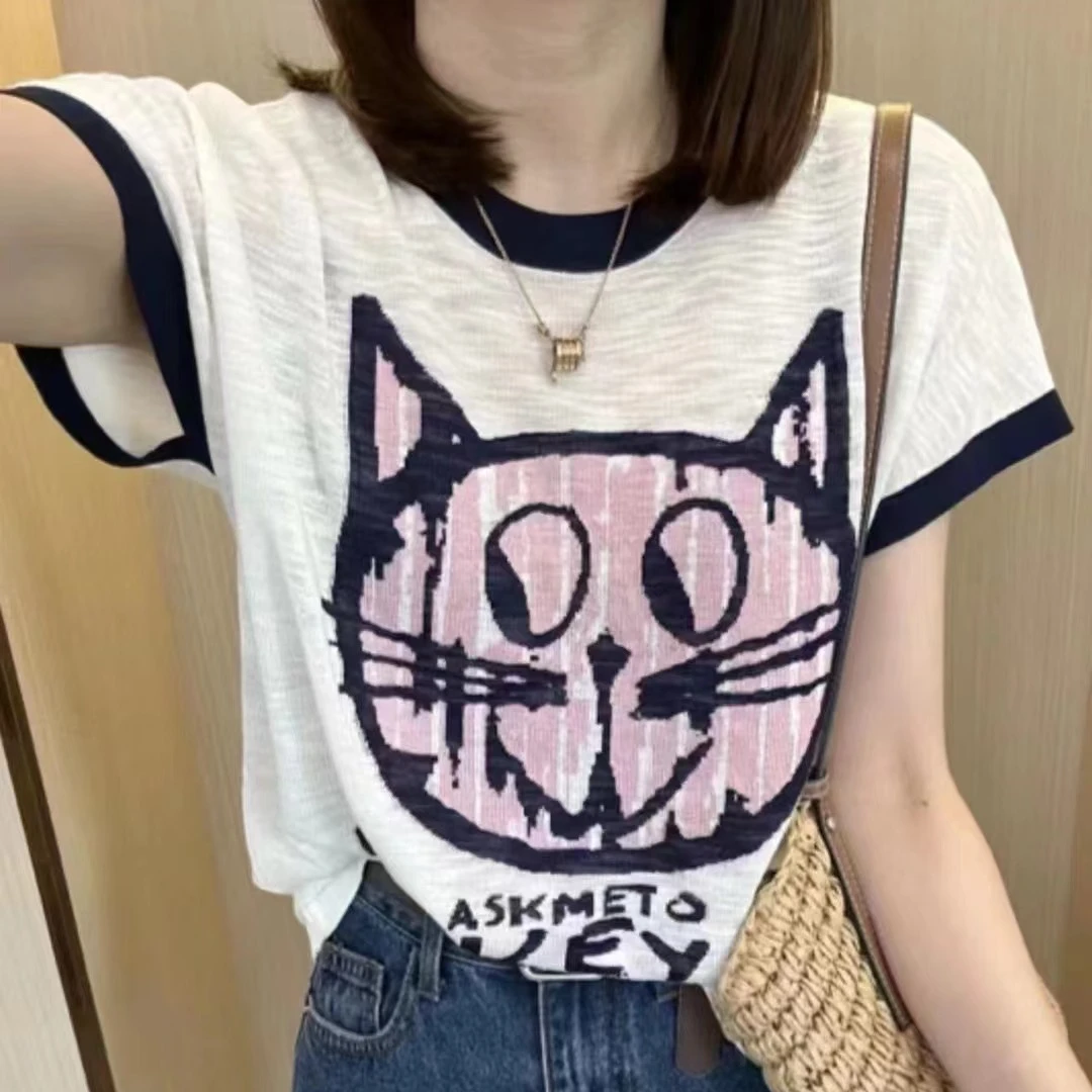 2024春夏季重工网红猫咪图案时尚ins针织短袖+百搭显瘦牛仔短裤女