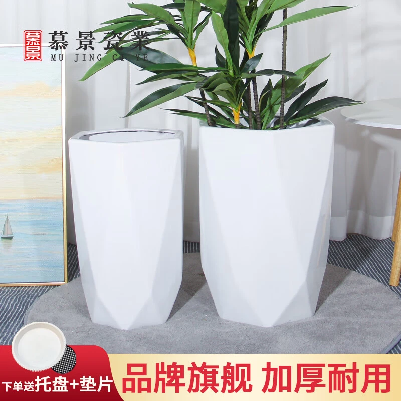 现代简约陶瓷大花盆纯白百搭多边形天堂鸟发财树专用客厅落大口径