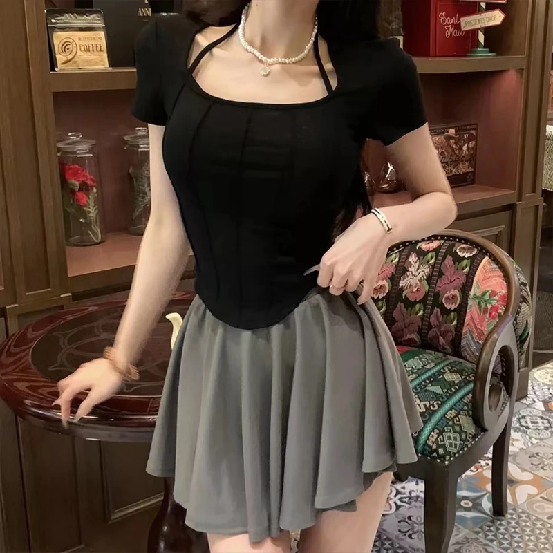 灰色短裙裤女夏露腿2024新款防走光学院风短裙夏高腰a字半身裙子