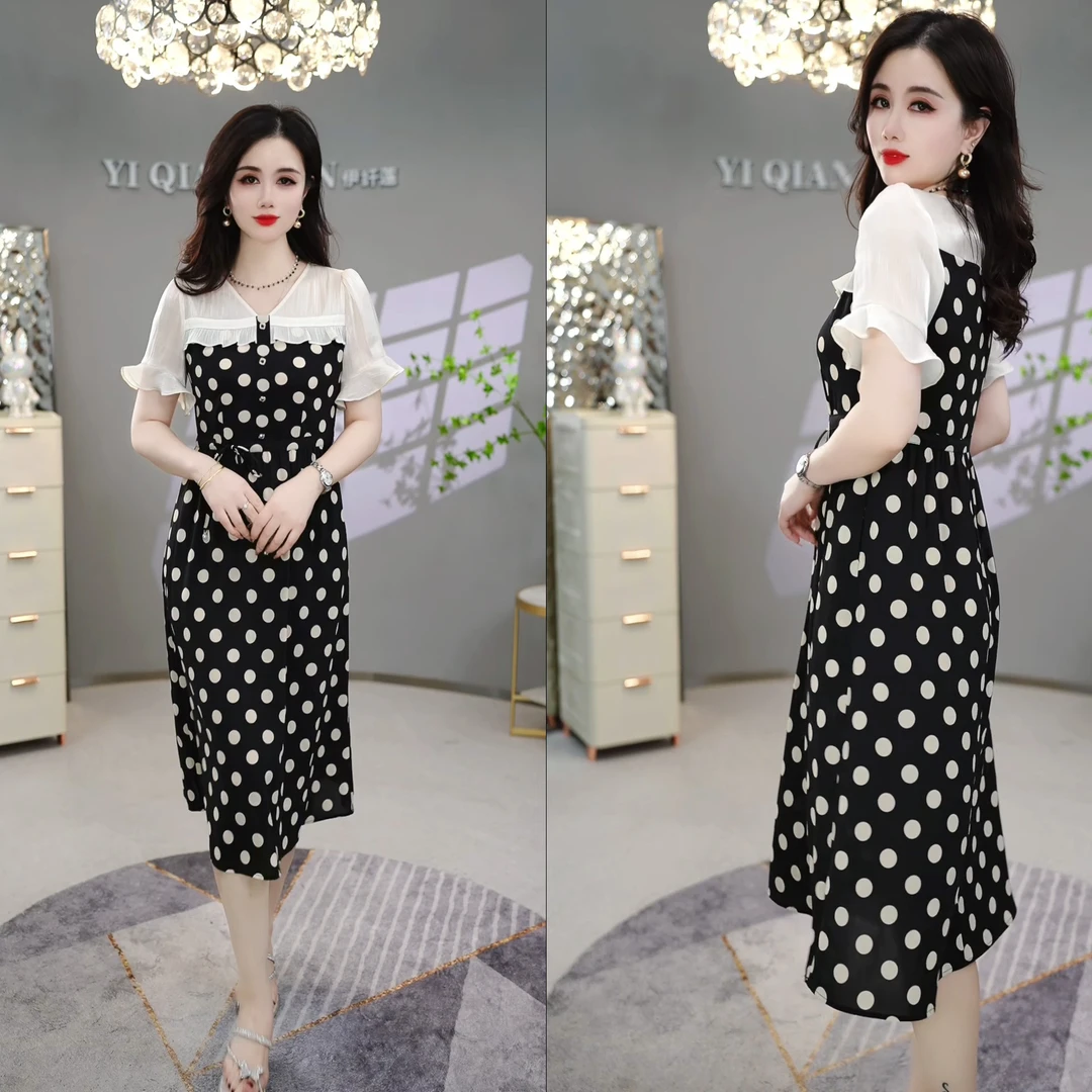 【YQM直播专享】夏季新款洋气高腰时尚法式收腰波点女装连衣裙M-4XL