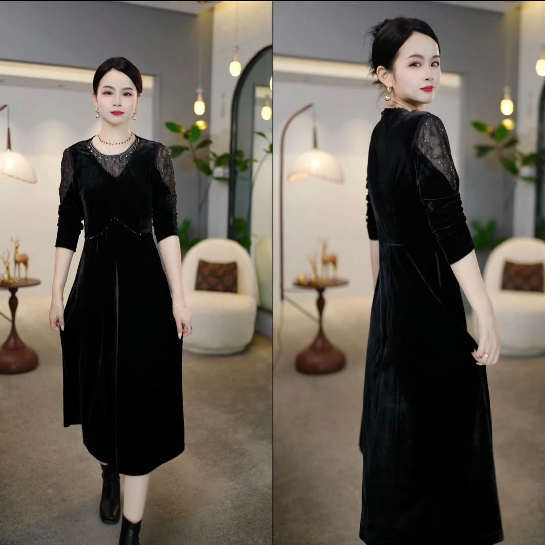 2024秋季半透肩时尚打底女士气质性感休闲百搭长袖连衣裙