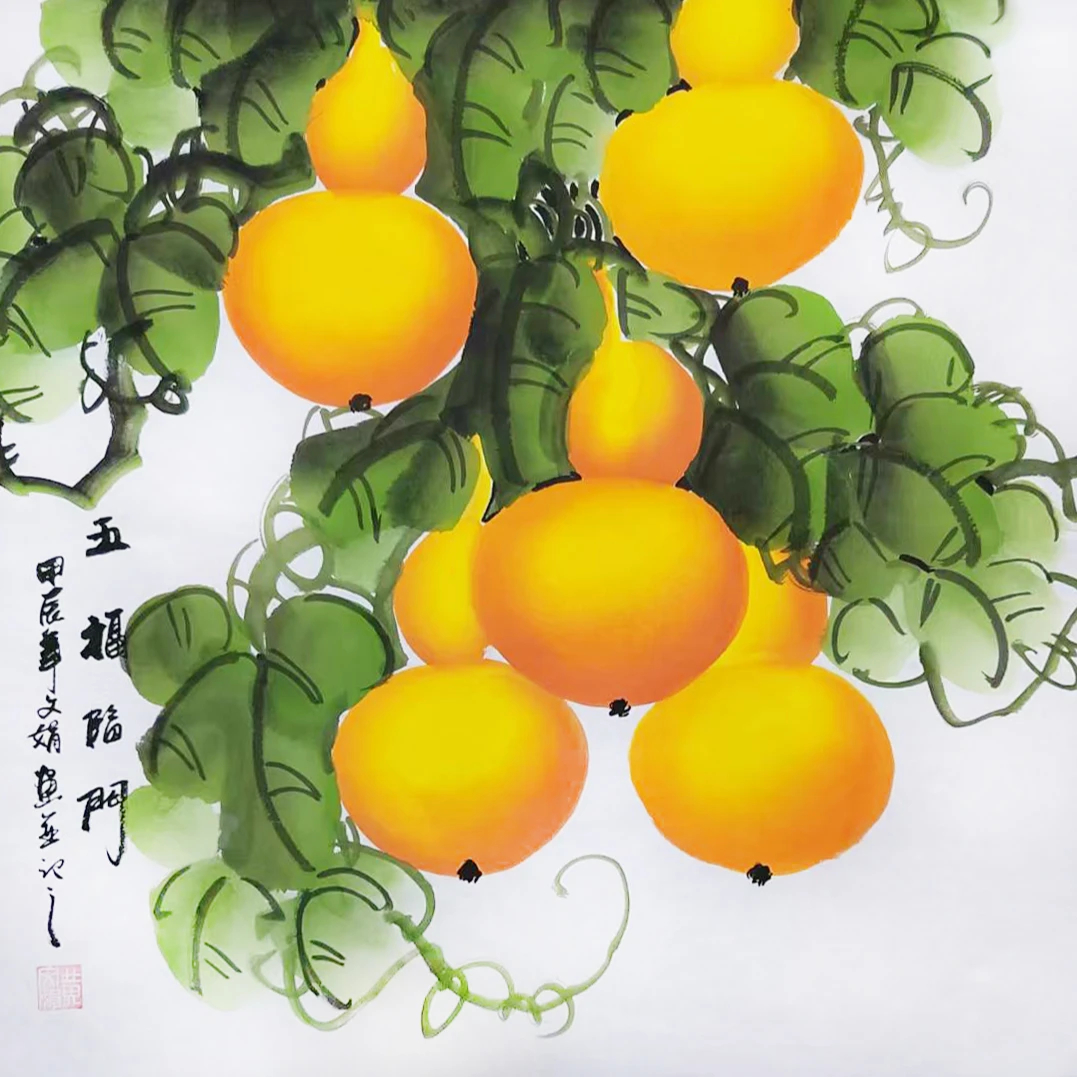 五福临门 三尺斗方国画手绘葫芦客厅书房茶室福禄装饰送人50x50cm