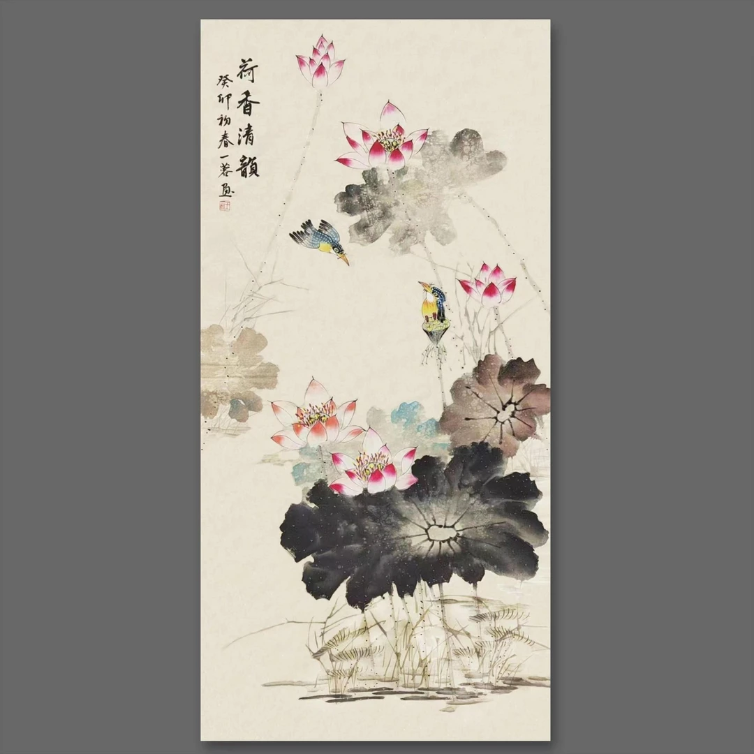 荷香清韵    八平尺手绘国画 荷花  洒金宣纸张 玄关画 138x68cm