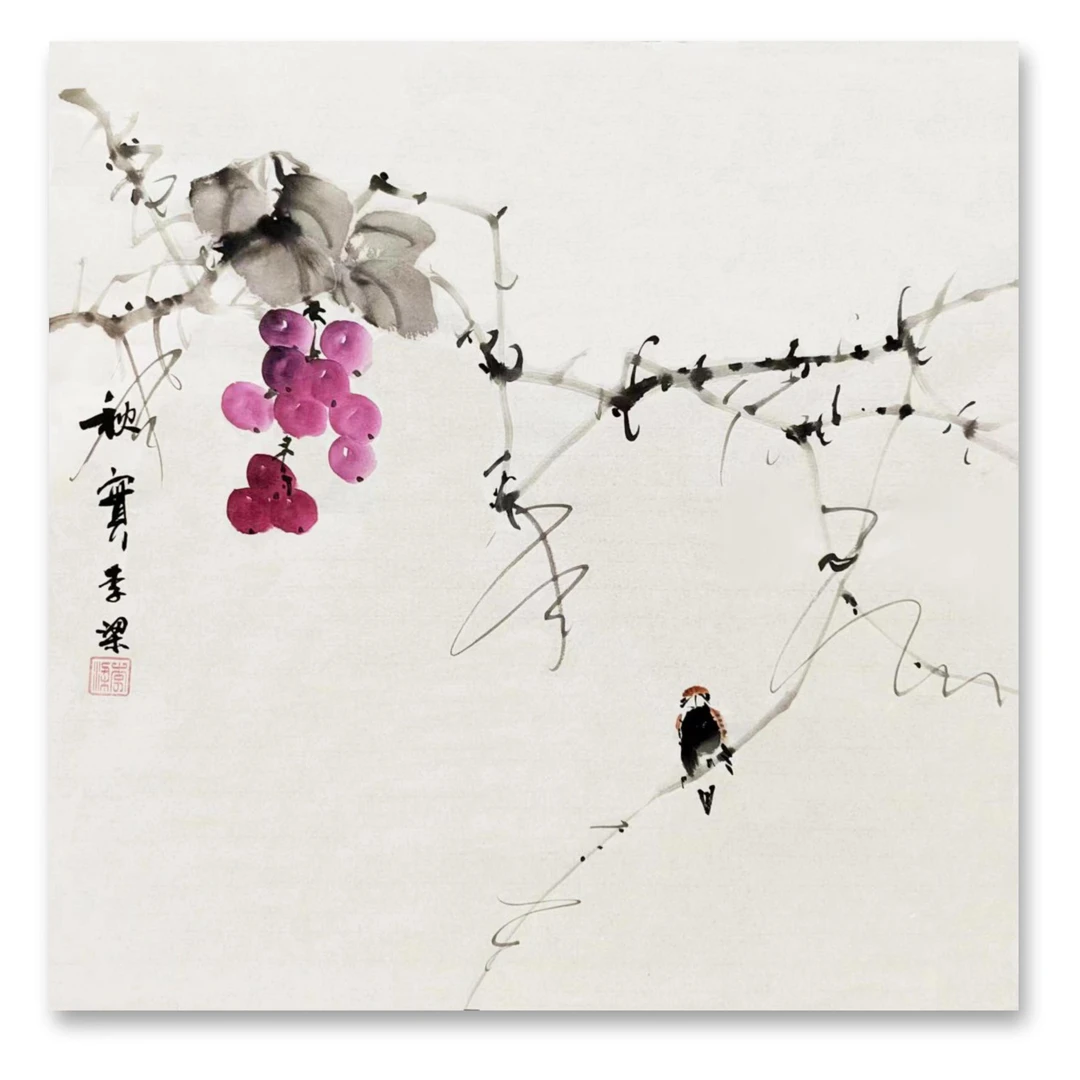 秋实 三尺斗方手绘国画斗方葡萄简约大方客厅书房餐厅装饰50*50cm