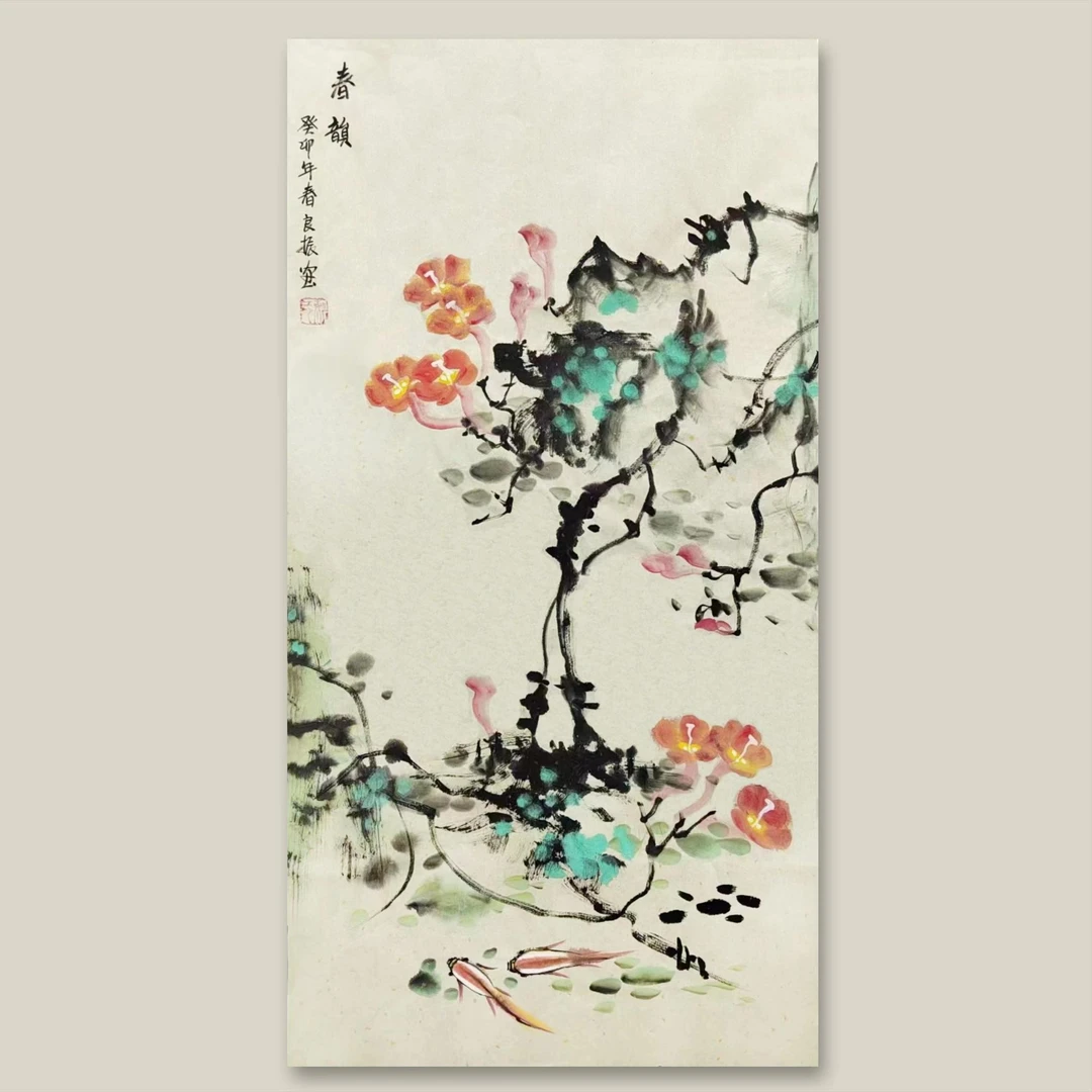 三尺手绘国画 春韵 手绘喇叭花 玄关过道 装饰收藏送人 50x100cm