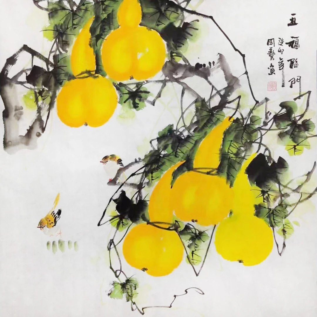 五福临门 四尺斗方国画 手绘葫芦客厅 收藏送人装饰欣赏 68x68cm