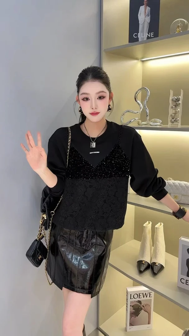 2024秋季爆款精致蕾丝钩花拼接卫衣重工亮片加绒 No退No换