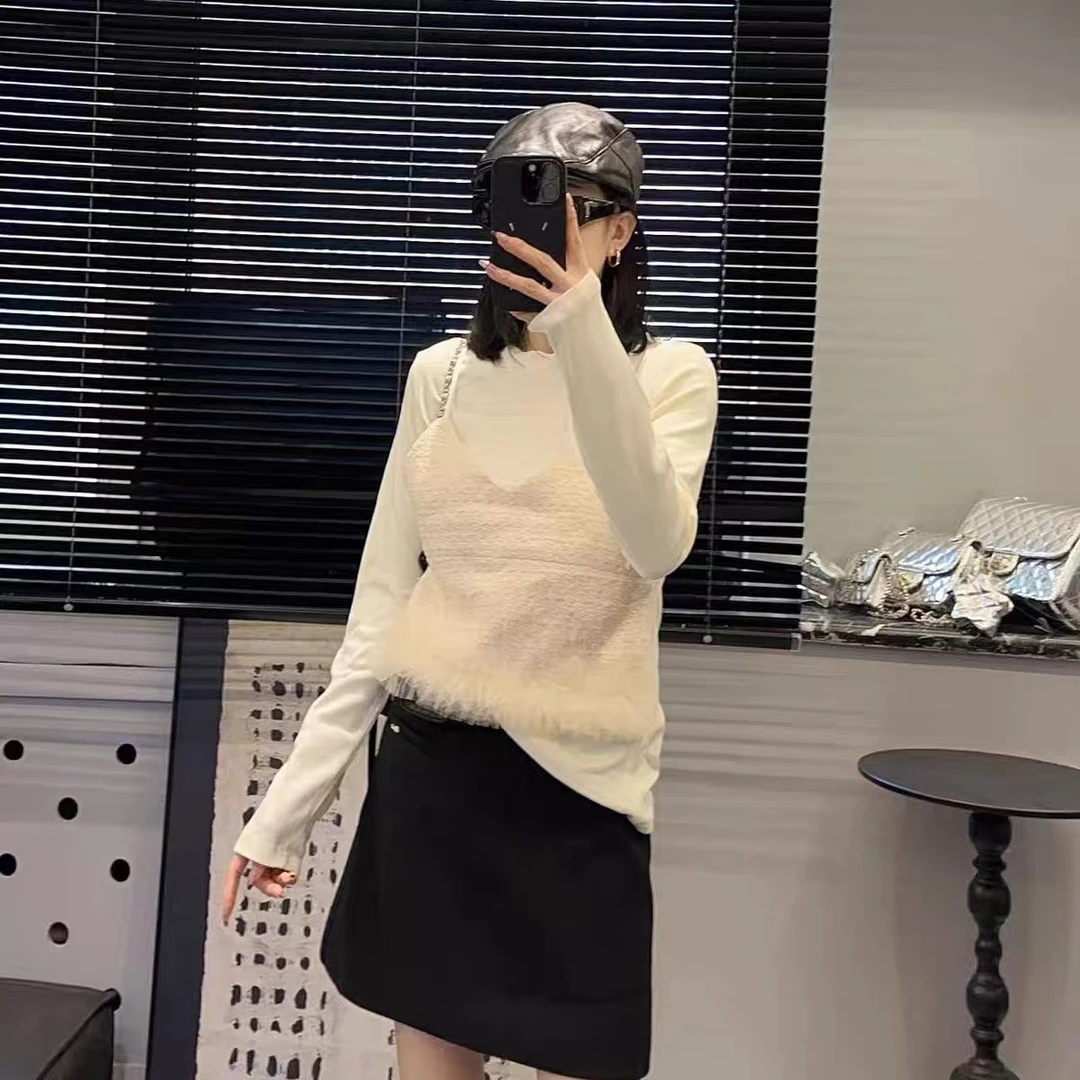 卡莎 网纱边背心假两件T恤女 2024年冬季新款