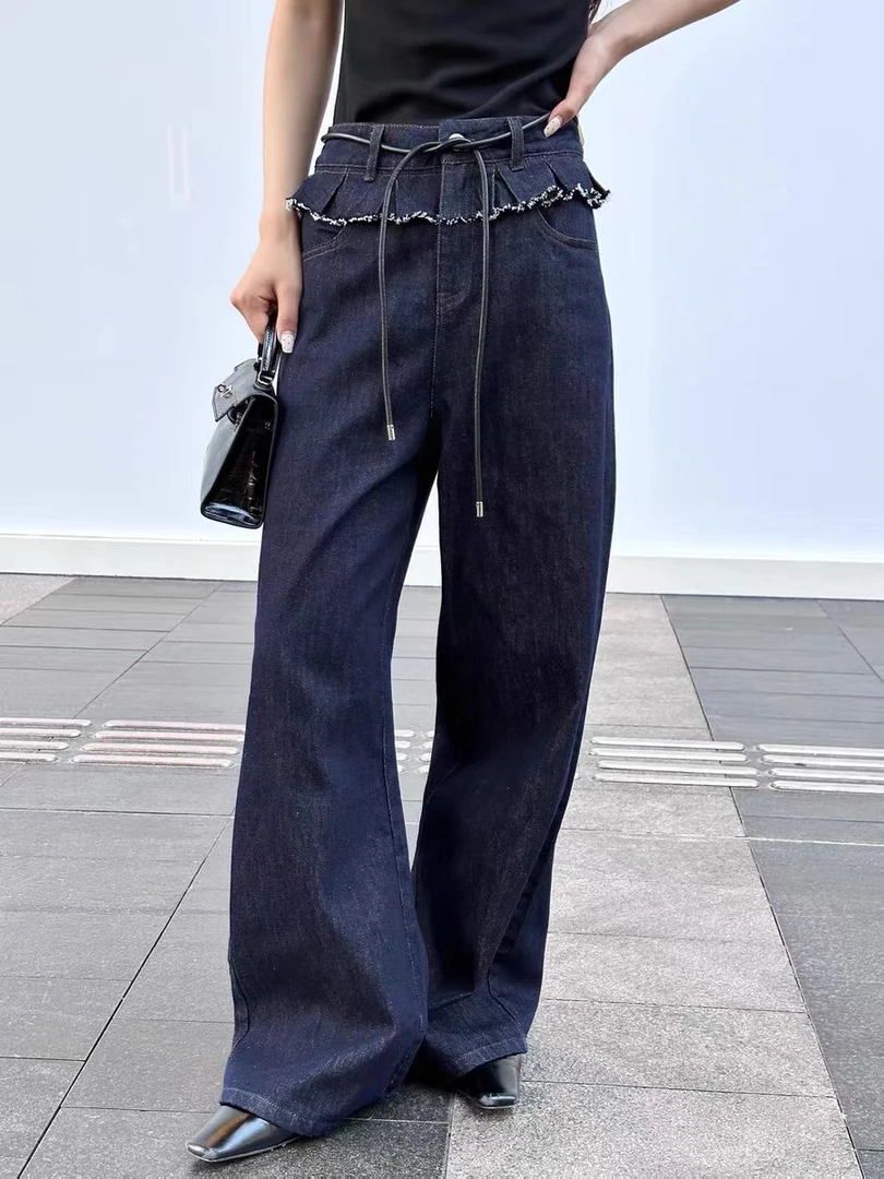 No 退No换 ZC欧货2024新款系带抽绳假两件宽松阔腿显瘦牛仔长裤