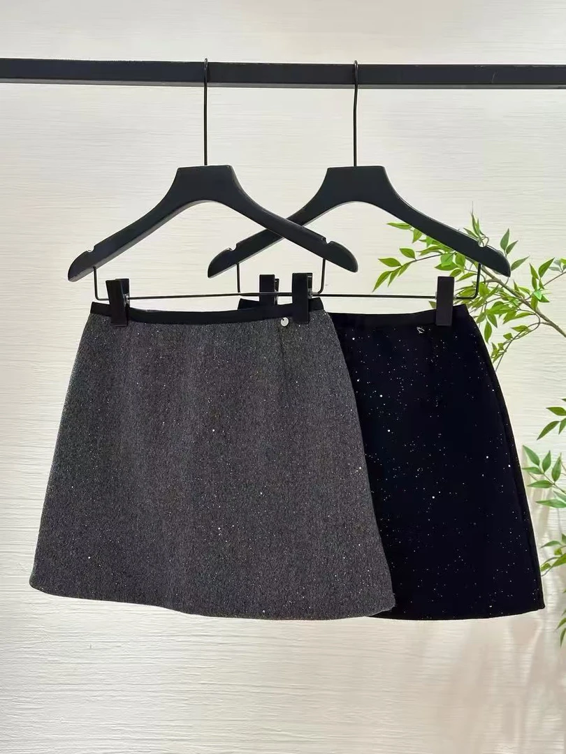 （羊毛10%）欧洲站24冬款小香风亮片A字短裙高腰粗花呢包臀半身裙