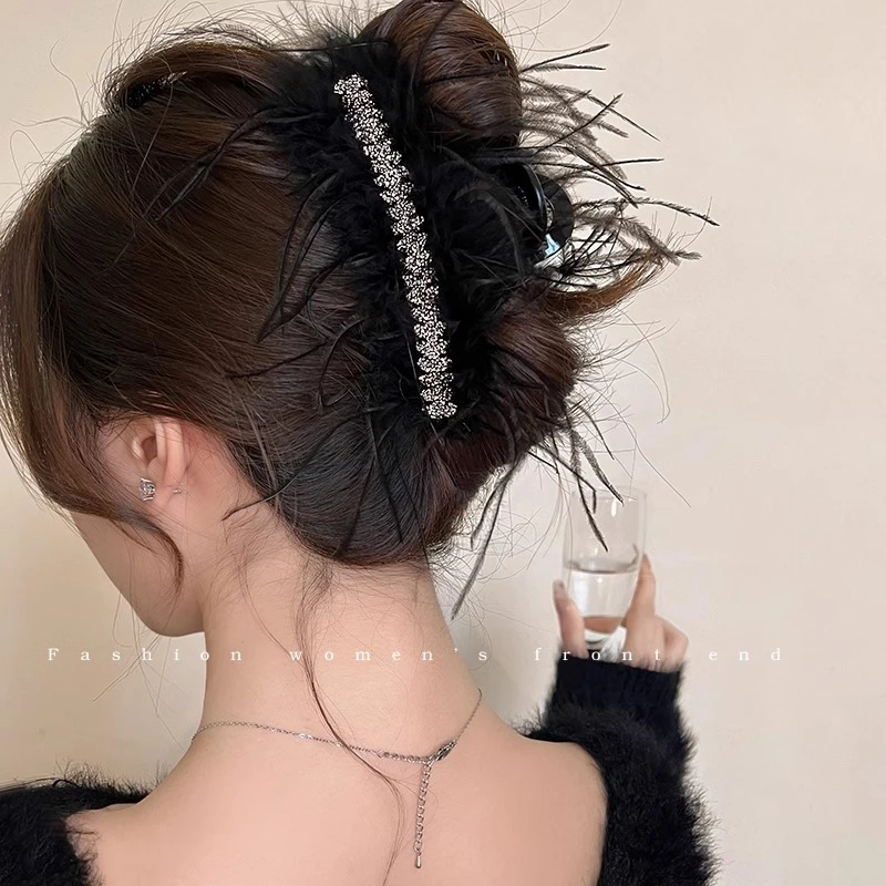 羽毛麦穗!高级感闪钻抓夹女新款气质超仙后脑勺毛毛发夹发饰头饰