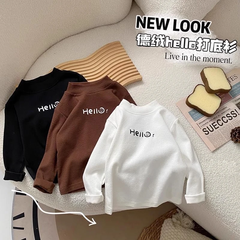 儿童双面徳绒秋冬男女童保暖上衣新款半高领中小童宝宝内搭打底衫