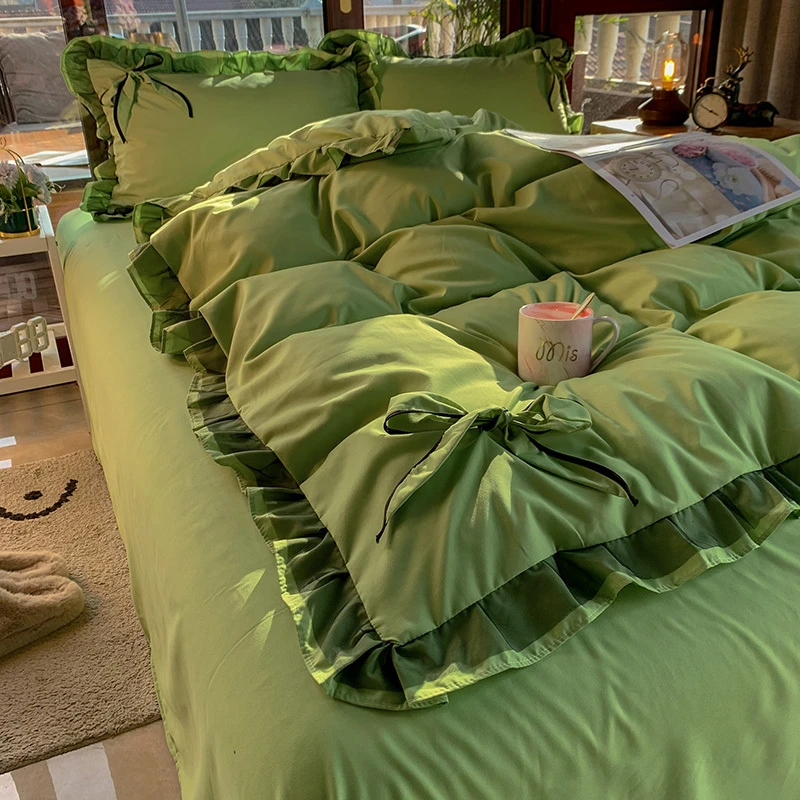 网红牛油果绿纯色四件套床单床笠款荷叶花边少女心被罩宿舍三件套