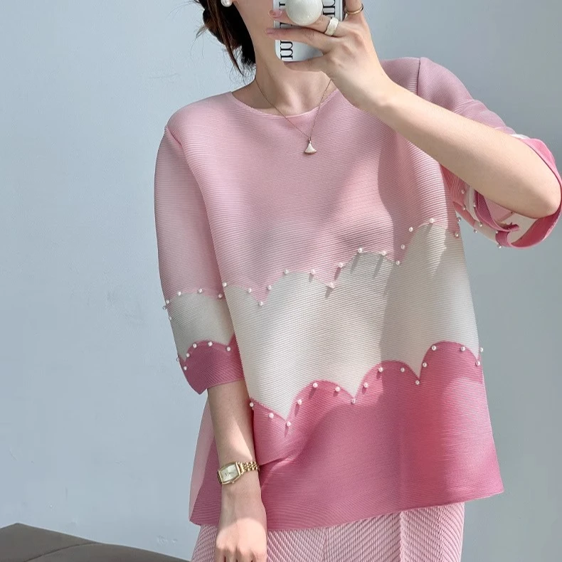 PLEATS OPTIONS/蒲黎诗褶皱新款拼色钉珠圆领宽松气质优雅显瘦T恤