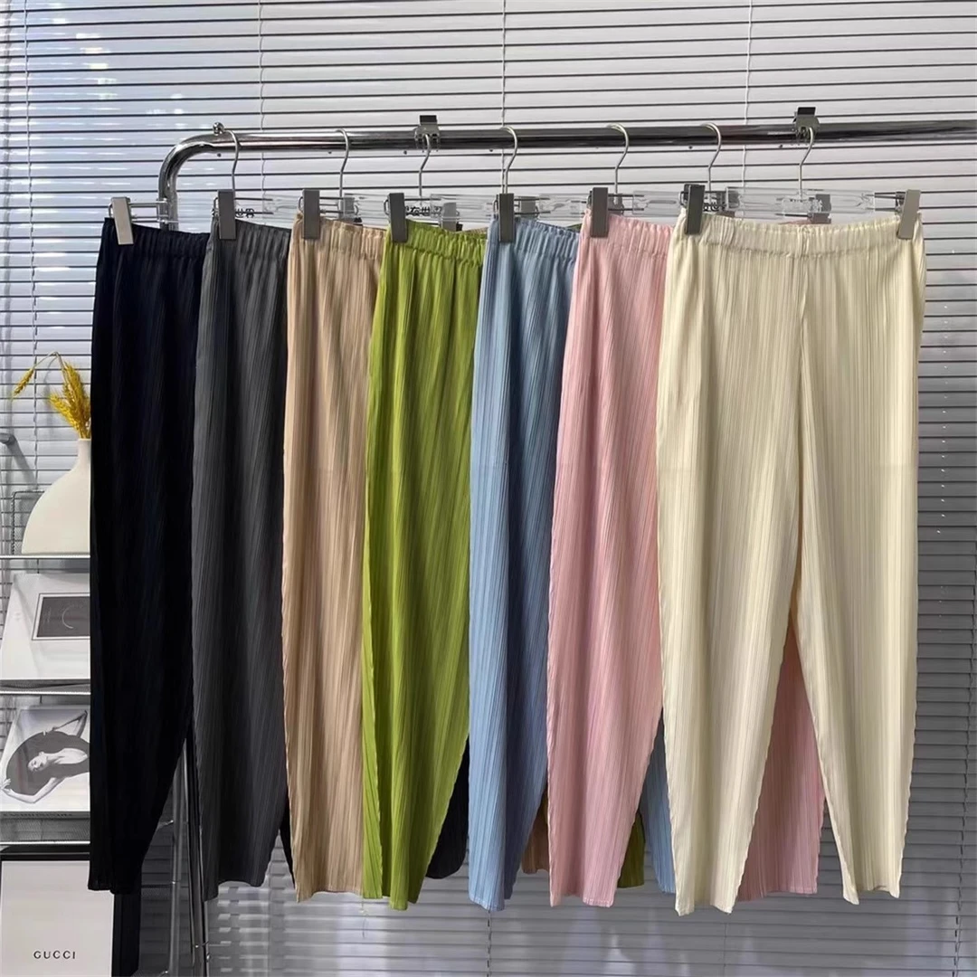 PLEATS OPTIONS/蒲黎诗松紧腰薄款褶皱显瘦九分哈伦休闲裤大码女