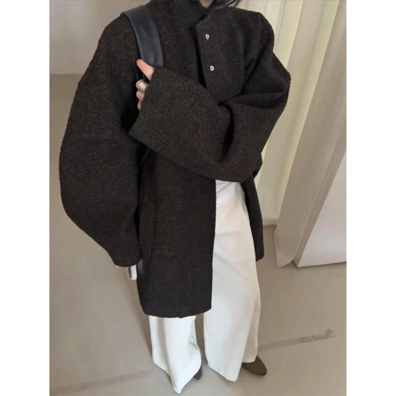 韩系呢子大衣女2024秋冬季新款毛呢外套高级感小个子慵懒风中长款