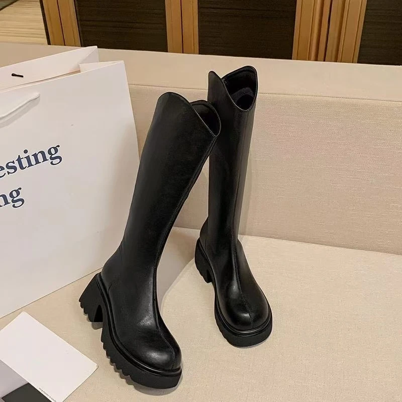 厚底不过膝长筒靴女2024秋冬新款时尚百搭小个子骑士靴粗跟
