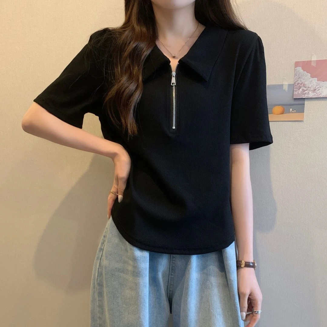 棉胖MM夏季新款翻领POLO衫辣妹v领正肩短袖t恤宽松显瘦上衣打底衫