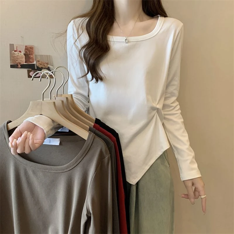 棉大码女装胖MM方领长袖T恤秋冬新款不规则修身正肩打底衫上衣潮
