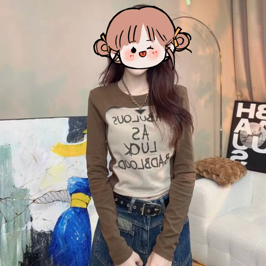 棉大码圆领拼接长袖t恤2024秋冬新印花上衣修身短款收腰打底衫ins