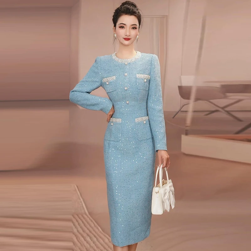 财阀千金清冷感贵系衣服浅蓝色连衣裙长袖气质女装小香风包臀裙子