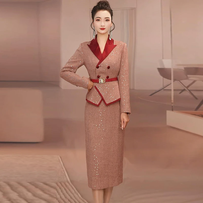 红色西装连衣裙新款长袖秋冬中长裙