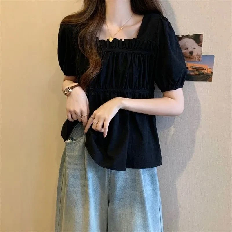 气质洋气复古法式方领女装小众夏季短袖上衣女显瘦褶皱收腰娃娃衫