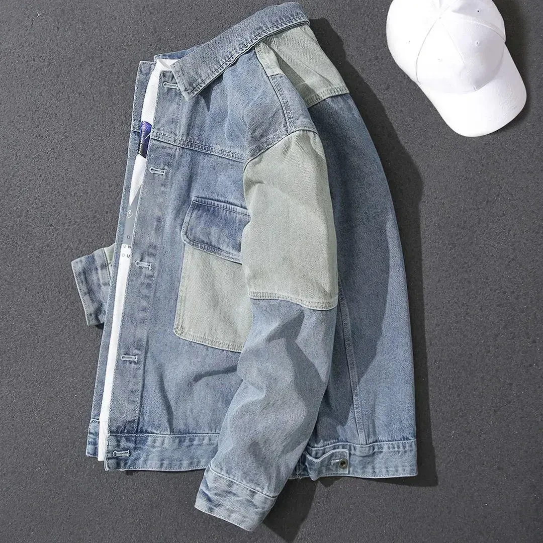 外套男春秋款2024年新款韩版浅色拼接工装休闲宽松大码夹克牛仔衣