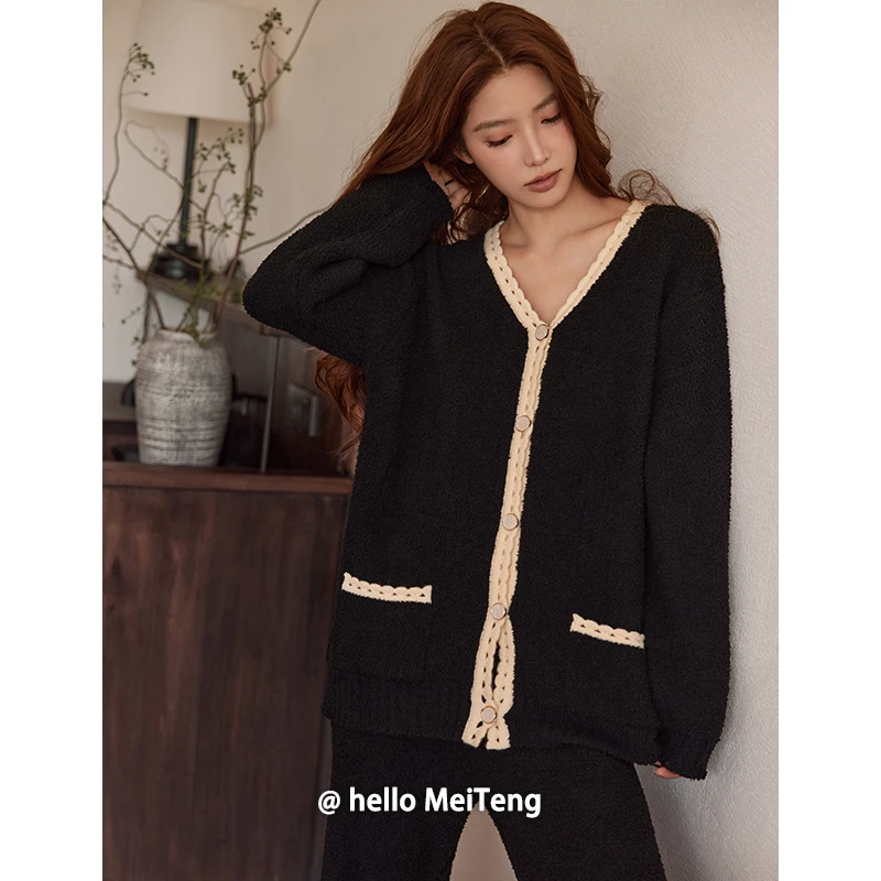 美腾新款半边绒睡衣女秋冬季保暖加厚开衫家居服珊瑚绒套装可外穿