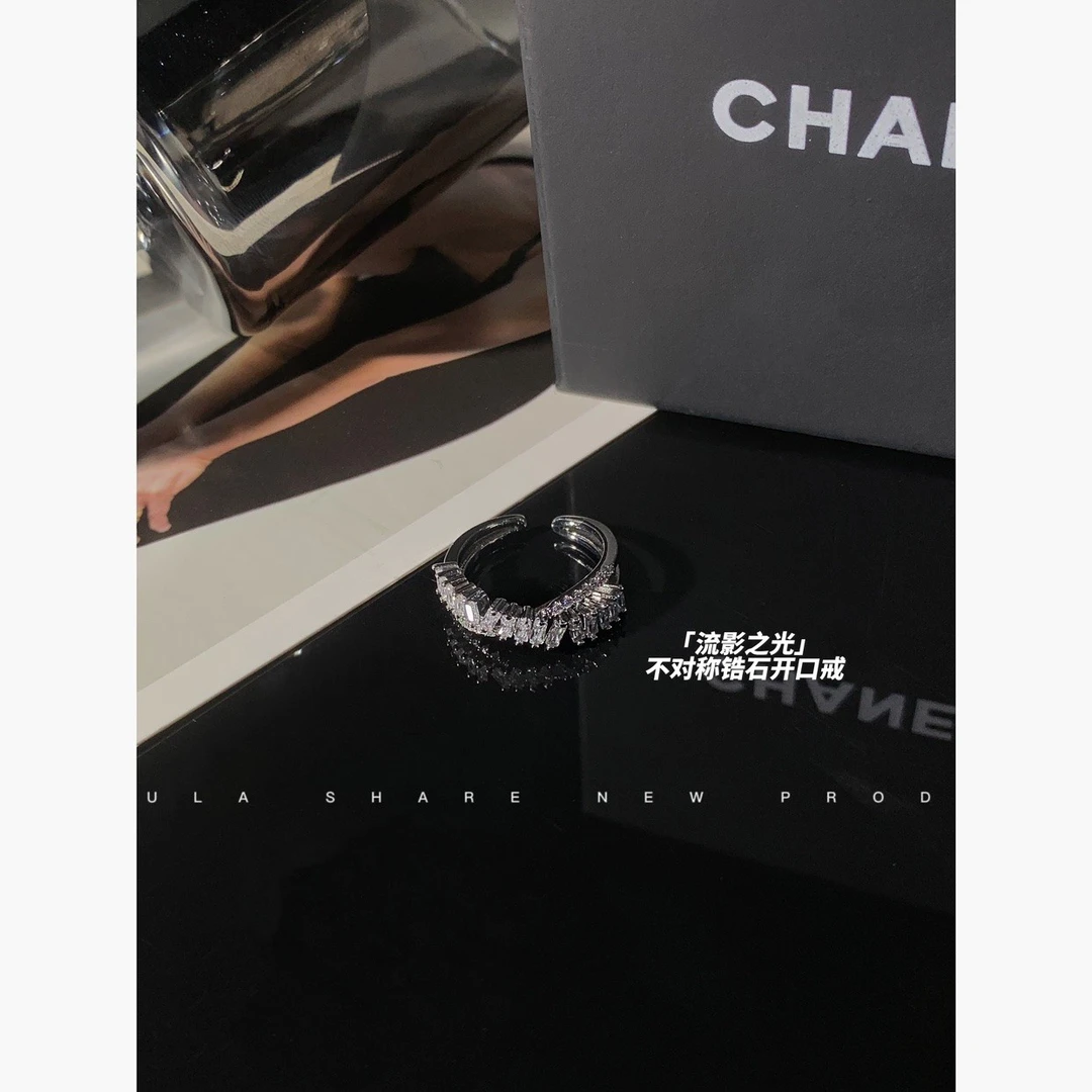 铜合金合成锆石戒指 「流影之光」小众设计感不对称交错开口戒指女