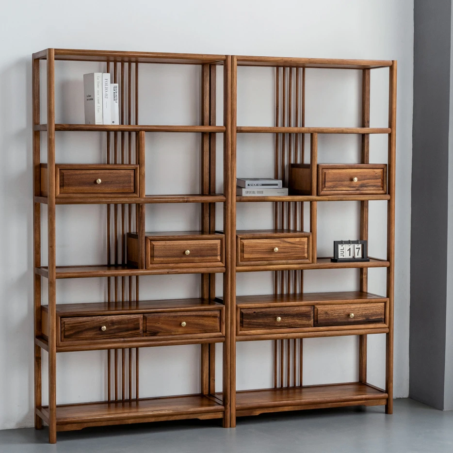 新中式沐风博古架展示柜书架多宝阁隔断茶室茶叶架子胡桃木置物架