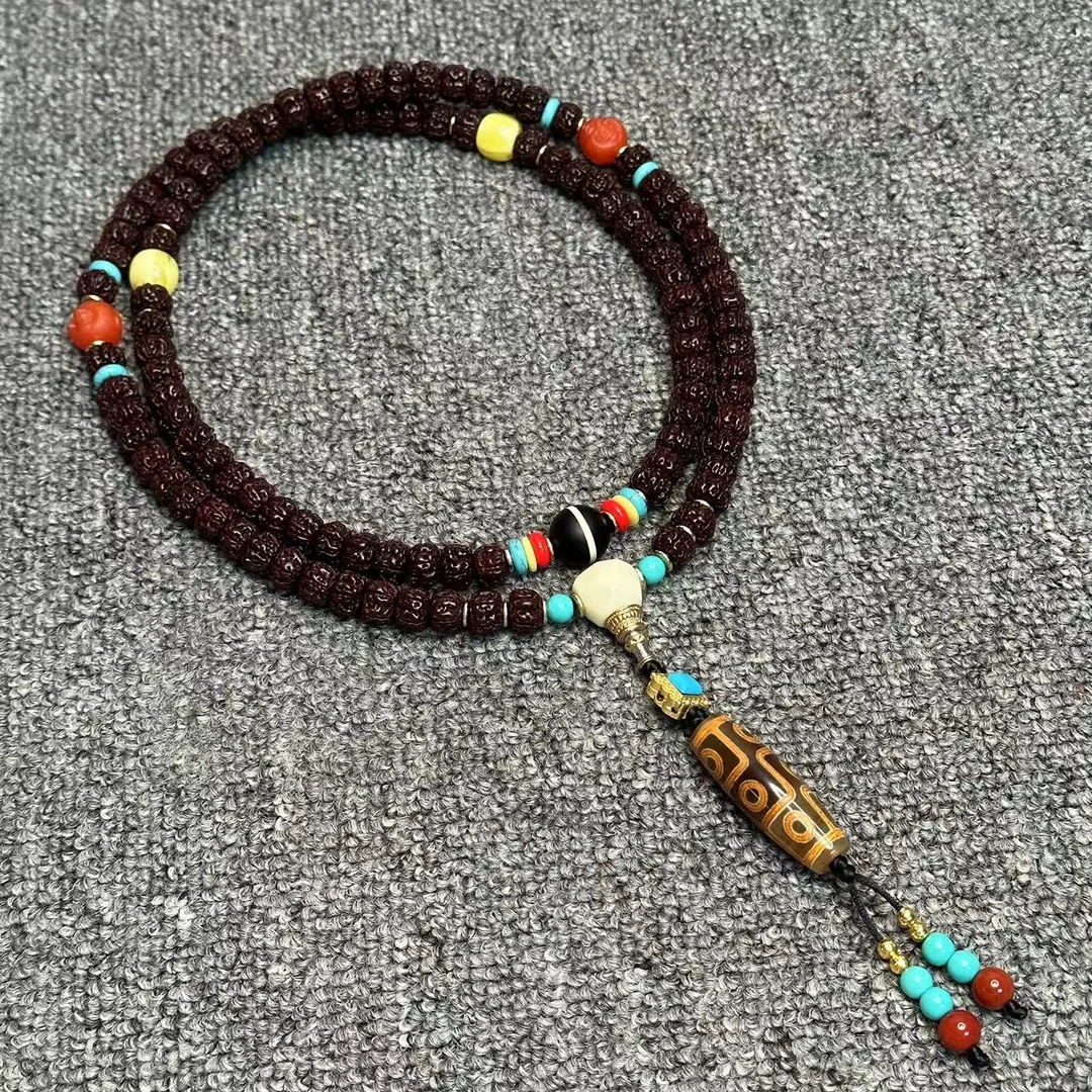 金刚菩提108颗脖挂文玩好物藏式直切盘龙酥油供牛津红成品串10mm±