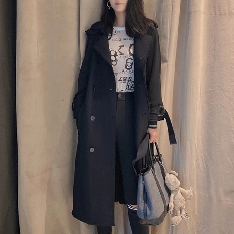 品时尚新款新2023冬季气质修身连帽附腰带双排扣中长款风衣外套女